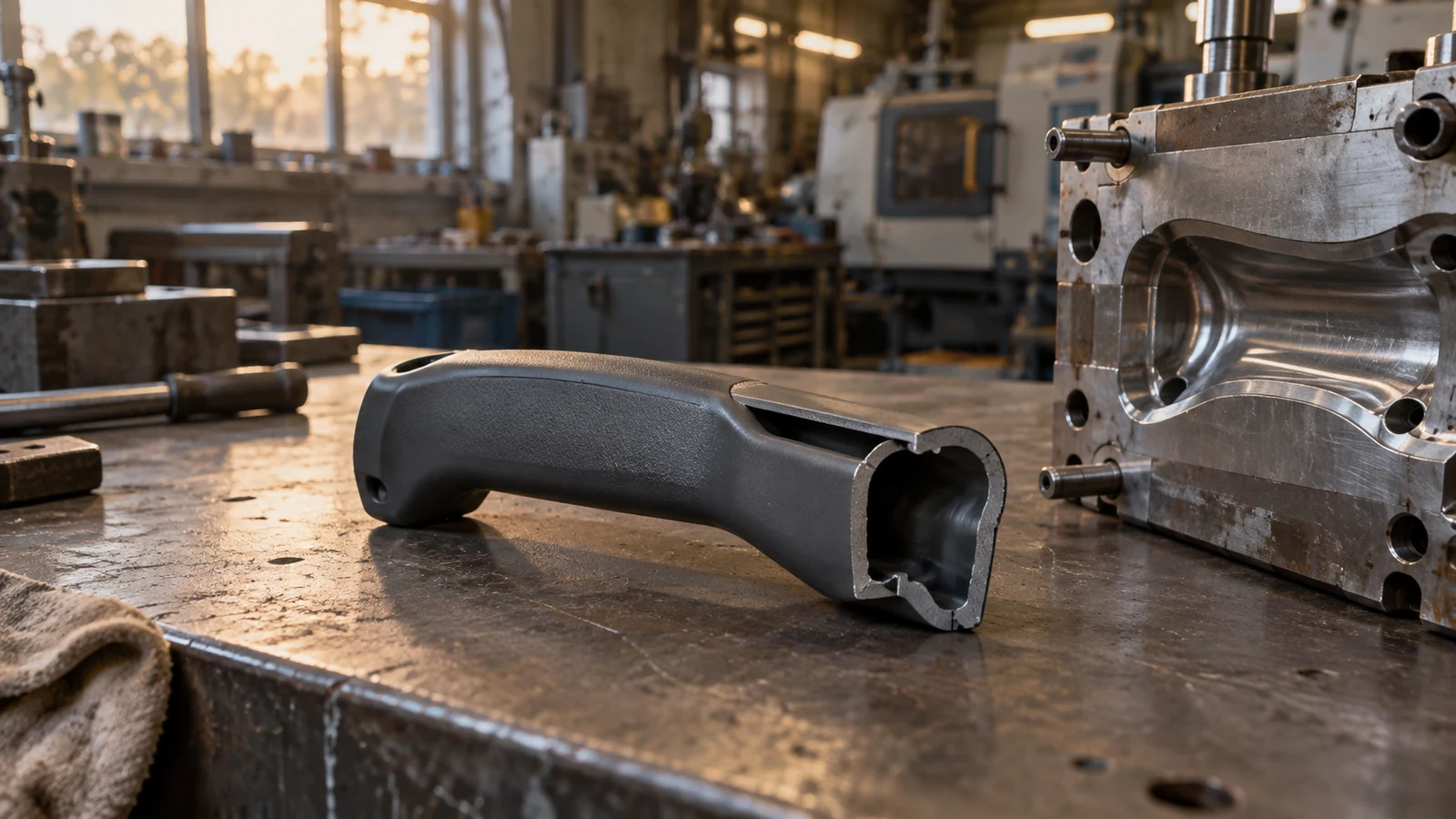 Sectioned hollow handle beside steel mold