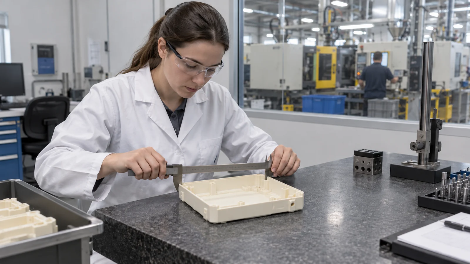 Technician measures freshly molded housing