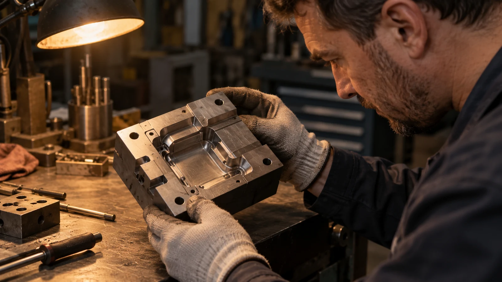 Ferramenteiro inspeciona inserto de molde de aço Toolmaker inspects steel mold insert