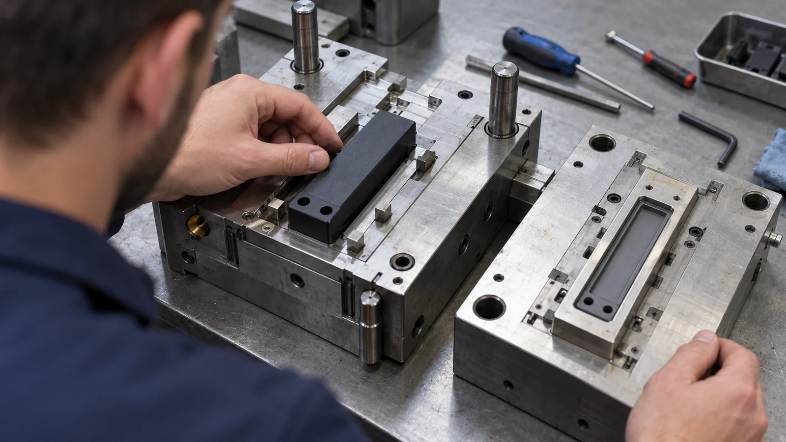 Engineer checks first shot mold location